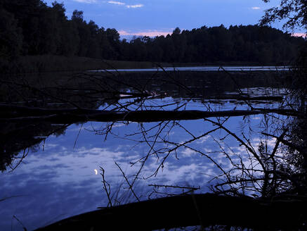 Deutschland, Bayern, Glänzender See im Oberpfälzer Wald in der Abenddämmerung - HUSF00100