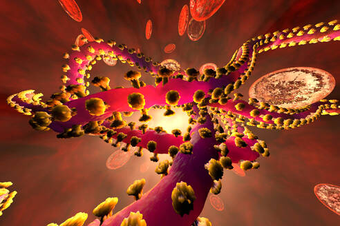 3D gerenderte Illustration eines Ebola-Virus in der Blutbahn, umgeben von roten Blutkörperchen - SPCF00483