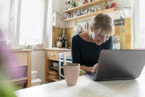 Laughing woman using laptop in the kitchen - KNSF06851