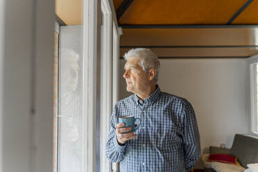 Ernster älterer Mann, der durch ein Fenster auf sein Haus blickt - AFVF04115