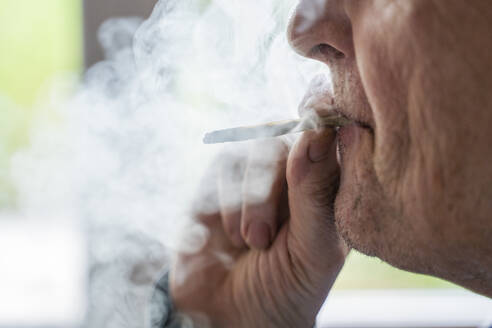 Senior man at home smoking marihuana joint - AFVF04128