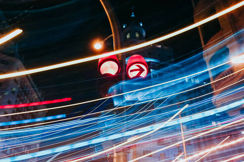 Traffic lights at luminous night in Madrid city, long exposure - JCMF00250