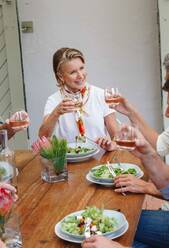 Woman toasting at lunch with friends in restaurant - ISF22255