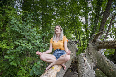 Junge Frau meditiert auf einem Baumstamm am Seeufer - BFRF02110