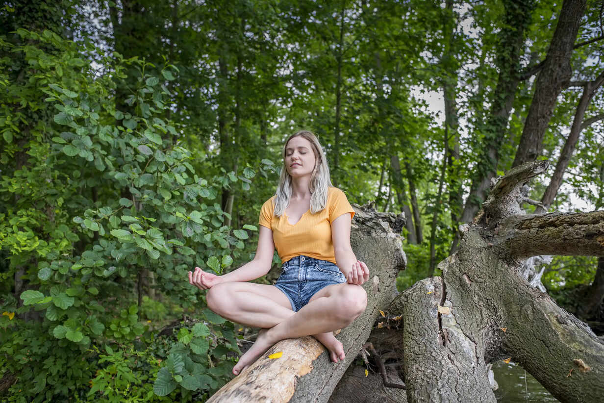 Woman meditating in forest sitting in meditation pose leaning against tree  trunk in nature