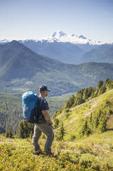 Wanderung über alpine Wiesen mit Blick auf den Mount Baker, Washington. - CAVF65749