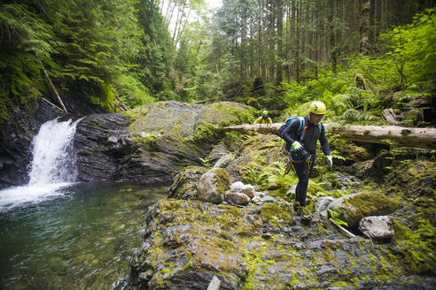 Wanderer geht über felsiges Gelände neben einem Wasserfall im dichten Wald. - CAVF65773