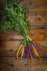 Bundle of fresh colorful carrots lying on wooden floor - LVF08366