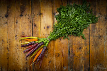 Bundle of fresh colorful carrots lying on wooden floor - LVF08367