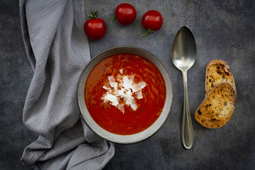 Bowl of vegan tomato soup with coconut flakes - LVF08375