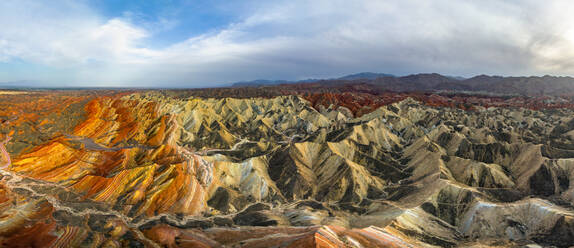 Aerial view of Colourful mountains of the Zhangye Danxia Geopark, China - AAEF04777