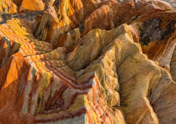 Aerial view of Colourful mountains of the Zhangye Danxia Geopark, China - AAEF04789