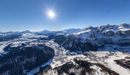 Aerial view of Dolomites mountain range during the winter, Italy - AAEF04916