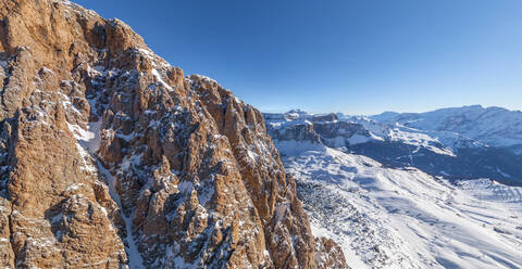 Aerial view of Dolomites mountain range during the winter, Italy - AAEF04919