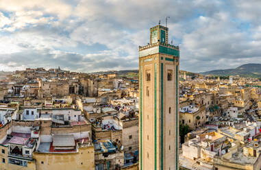 Aerial view of Andalusian Mosque tower at Fes, Morocco - AAEF04952