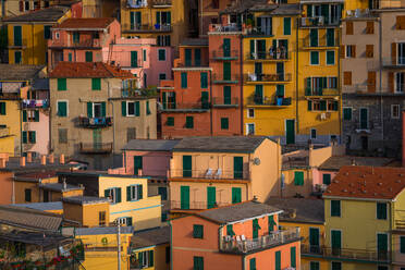 Luftaufnahme der bunten Häuser in Manarola, Italien - AAEF05086