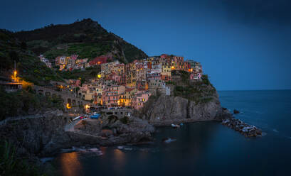 Luftaufnahme der bunten Häuser von Manarola bei Nacht, Italien - AAEF05088