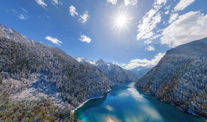 Aerial view of the National Park Jiuzhaigou covered with snow, China - AAEF05411