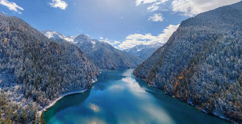 Aerial view of the National Park Jiuzhaigou covered with snow, China - AAEF05412