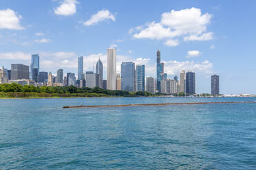 View of Chicago skyline from Lake Michigan taxi boat, Chicago, Illinois, United States of America, North America - RHPLF12273