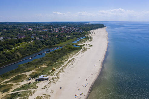Aerial by drone of the white sand beach of Yantarny, Kaliningrad, Russia, Europe - RHPLF12281