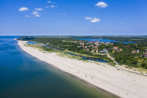 Aerial by drone of the white sand beach of Yantarny, Kaliningrad, Russia, Europe - RHPLF12282