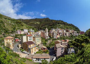 Dorf Manarola, Blick von oben, Cinque Terre, UNESCO-Weltkulturerbe, Ligurien, Italien, Europa - RHPLF12369