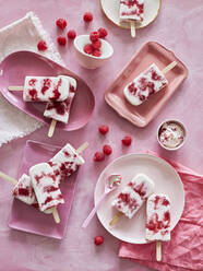 Ice lollies on pink plates and raspberries, pink background - ISF22486