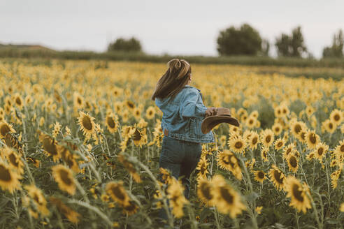 Junge Frau mit blauer Jeansjacke und Hut läuft in einem Sonnenblumenfeld - OCAF00433