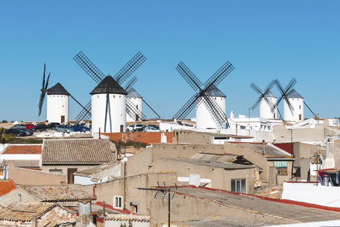 Spain, Province of Ciudad Real, Campo de Criptana, Windmills standing on outskirts of countryside town - WPEF02121