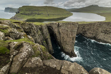 Traelanipa cliffs and Sorvagsvatn Lake, Vagar Island, Faroe Islands, Denmark, Atlantic, Europe - RHPLF12495