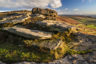 View from Stanage Edge, evening light in autumn, Peak District National Park, Derbyshire, England, United Kingdom, Europe - RHPLF12565