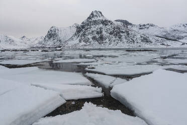 Gesprungenes Eis und schneebedeckte Berge, Lofoten, Nordland, Arktis, Norwegen, Europa - RHPLF12607