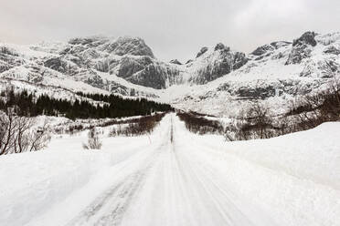 Snow covered road in arctic winter conditions, Lofoten, Nordland, Arctic, Norway, Europe - RHPLF12612