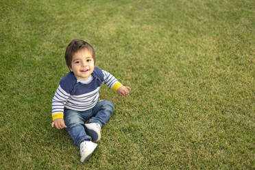 Portrait of smiling little boy sitting on lawn - VGF00319