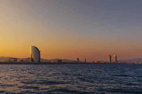 Panoramic view of the city Barcelona at sunset, Spain - MOSF00111