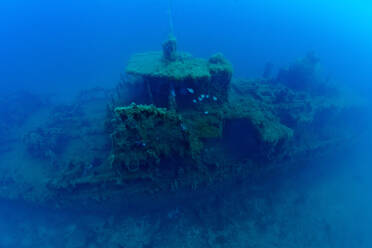 France, Corsica, Underwater view of Alcione C shipwreck - Italian tanker shelled and sunk during World War II - ZC00826