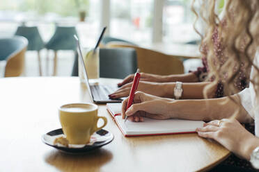 Geschäftsfrauen in einem Café, die einen Laptop benutzen und in ein Notizbuch schreiben - MOMF00784