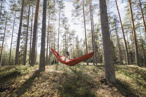 Mann liest Buch in Hängematte im Wald - JOHF04449