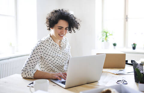 Smiling young woman working on laptop at desk stock photo