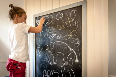Kleines Mädchen zeichnet auf Tafel - EGBF00451