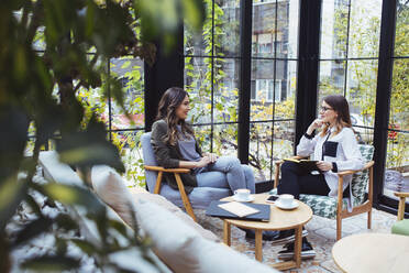 Female coworkers talking in cafe - CAVF66176