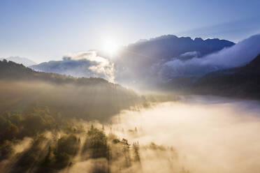 Germany, Bavaria, Mittenwald, Rising sun illuminating fog shrouding Ferchensee lake and surrounding forest - SIEF09218