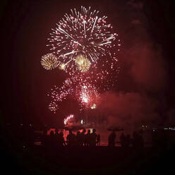 Menschen beobachten ein Feuerwerk am nächtlichen Himmel - CAVF66431