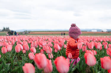 Seitenansicht eines Mädchens, das inmitten von blühenden Tulpen auf einem Bauernhof gegen den Himmel läuft - CAVF66579