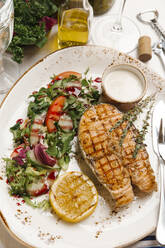 High angle view of food served on table at restaurant - CAVF66667