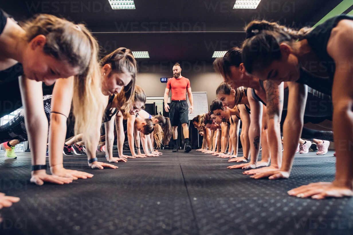 Large group of women training in gym with male trainer, in rows doing push  ups stock photo