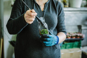 Frau füllt Glasflasche mit Pflanzen in Gärtnerei - CUF53001