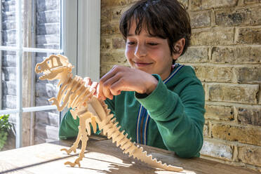 Boy playing with wooden dinosaur - CUF53066