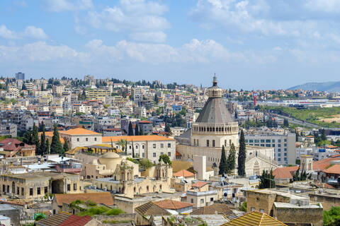 Verkündigungsbasilika, Ansicht von Nazareth, Israel., lizenzfreies Stockfoto